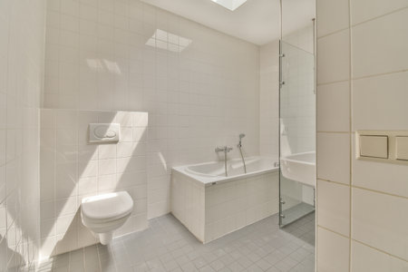 Sinks with mirrors and clean bathtub located near shower box with glass door in modern bathroom with...