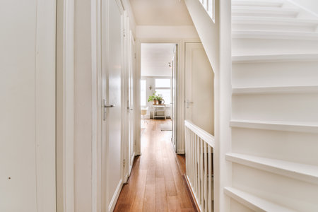 White hallway with wooden stairway leading to second floor of modern luxury apartment with minimalist interior designの写真素材