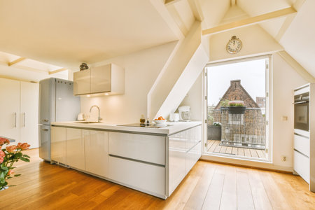 Interior of spacious apartment room on attic of building furnished with gray sofa and dining table with ladder leading upstairsの写真素材
