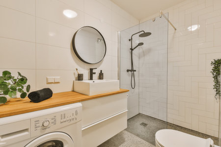a bathroom with a washer, toilet, and plants on the counter in front of the shower stall area