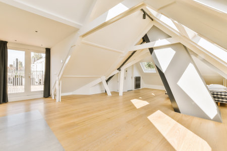 a living room with wood flooring and skylights on the roof, looking out onto an open balcony areaの写真素材