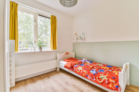 a childs room with yellow curtains on the window and white bed in the room is decorated with...