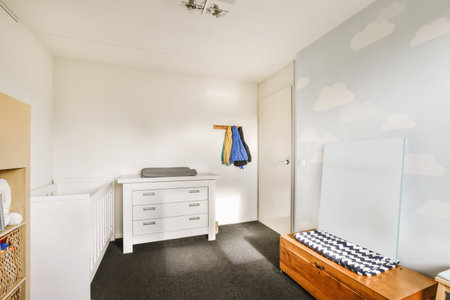 a room with a bed, dresser and mirror on the wall behind it is a white closet door that has a blue checkeredの写真素材