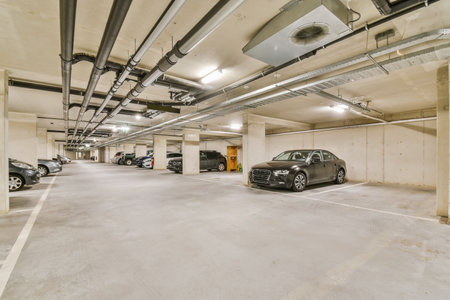 an underground parking area with cars parked in the space and no one on the ground to see how its goingの写真素材