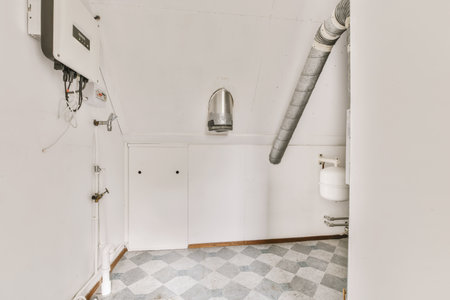 the inside of a room with white walls and grey tiles on the floor there is an air venttor in the ceilingの写真素材