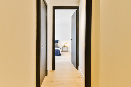 a hallway leading to the living room and bedroom in a modern apartment with light wood floors, white walls and black trimの写真素材