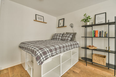 a bedroom with a bed, shelves and books on the wall behind it is a book shelf filled with booksの写真素材