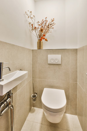 a white toilet in a bathroom with flowers on the wall above it and an open sink next to the toiletの写真素材