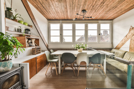 a kitchen and dining area in a house with wood floors, white walls, wooden ceiling, and green chairsの写真素材