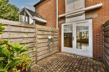 the outside of a house with a brick wall and white door leading to an open patio area that is...