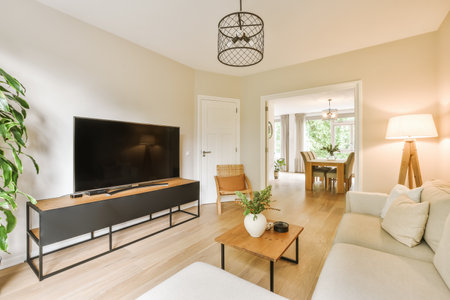 a living room with white couches and a flat screen tv mounted on the wall in the center of the roomの写真素材