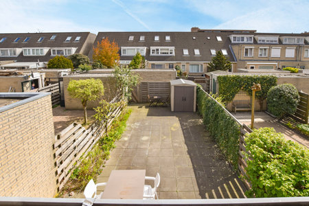 Amsterdam, Netherlands - 10 April, 2021: an outside area with some plants on the ground and houses...