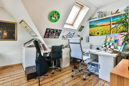a room with a desk, chair and computer on the floor in front of an open skylight above itのeditorial素材