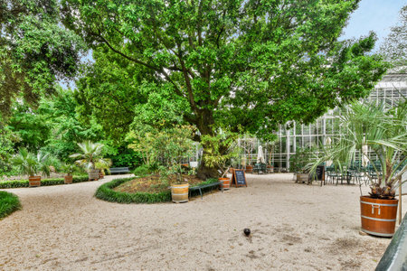 a large tree in the middle of a small park with benches and tables under it, surrounded by lush green treesのeditorial素材