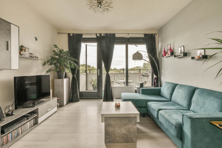 Amsterdam, Netherlands - 10 April, 2021: a living room with blue couches and a flat screen tv on the wall in the room is decorated with plantsのeditorial素材