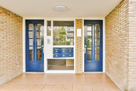 a blue front door in a brick building with white trim and glass doors on both sides, looking out to...
