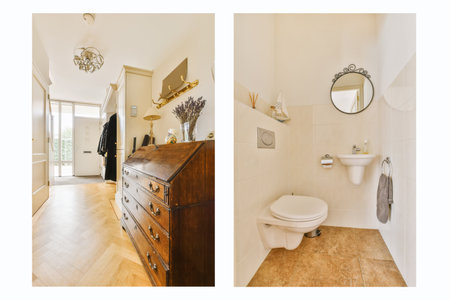 a bathroom with wood flooring and white walls, two pictures of the same room in one photo are taken from different anglesの写真素材