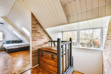 a room with wood flooring and brick walls on the wall, there is a loft bed in the cornerの写真素材