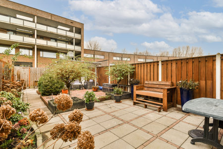 an outside area with some plants and flowers on the ground in front of a brick building, surrounded...