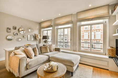 a living room with a couch, coffee table and large window looking out onto the street in front of...