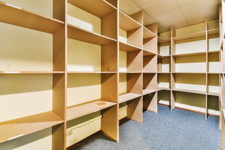 the inside of a room with many shelves on each side and one shelf at the other end that is emptyの写真素材