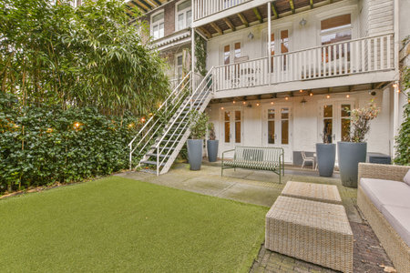 a house that is in the middle of some green plants and trees, with stairs leading up to the second...