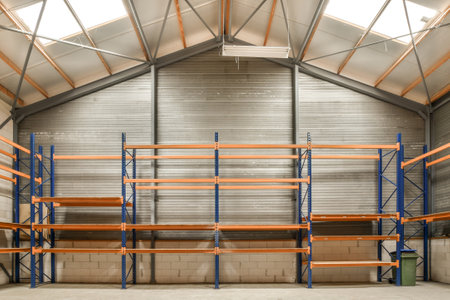 the inside of a warehouse with metal shelves and orange shelvings on each shelf in an empty storage roomの写真素材