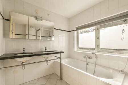 a bathroom with white tiles and black counter tops on the walls, along with a bathtub in the cornerの写真素材