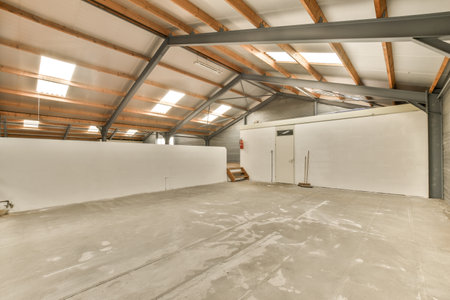 the inside of a building with unfinished walls and wood beams in place to be used as an office or...