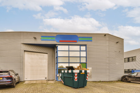 an outside area with cars and trash bins in front of a building that has been painted blue, green, white and redの写真素材