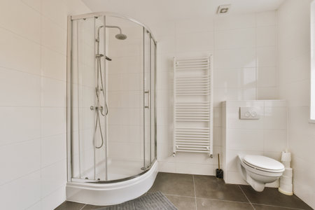 a bathroom with a toilet and shower in its corner, taken from the top down to the floorの写真素材