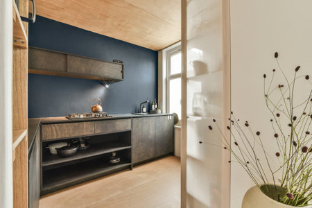 a kitchen with blue walls and white trim on the wall behind it is an open door that leads to another roomの写真素材