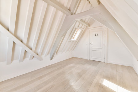 an attic room with white walls and wood flooring on the wall, there is a door in the cornerの写真素材