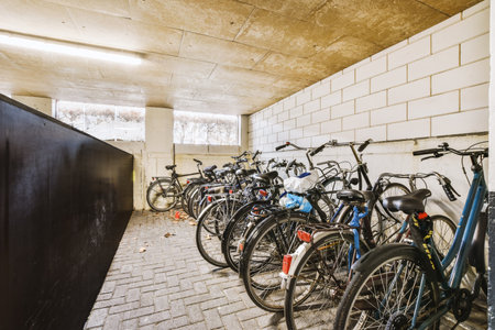 several bikes parked in a parking area next to each other bikes on the side of a wall,の写真素材