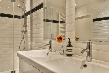 a bathroom with white tiles on the walls, and a vase filled with orange flowers in the sink is next to the mirrorの写真素材