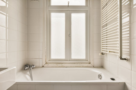 a bathtub in the corner of a bathroom with white tiles on the walls and window sies above it