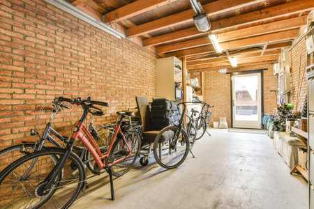a room with bikes parked in front of the door and on the wall behind it is a brick wall that has been painted redの写真素材