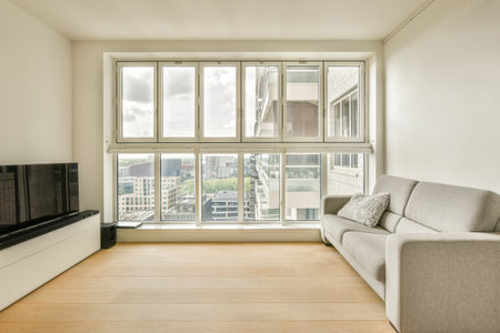 a living room with wood flooring and large windows overlooking the cityscapea photo taken from an...