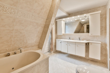 a bathroom with a tub, sink and mirror in the corner of the room thats very large enoughの写真素材