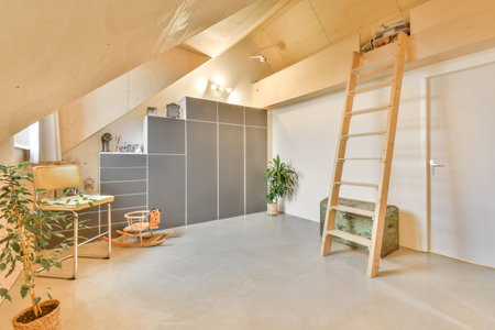 a living room with a ladder in the middle and a plant on the right side of the stairs leads up to the second floorの写真素材