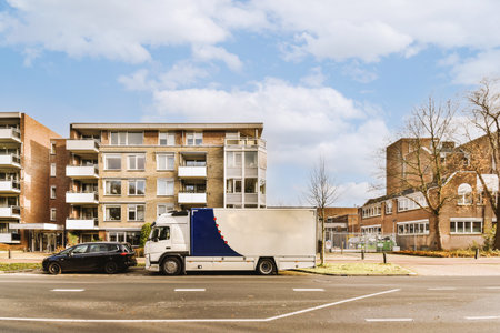 a moving truck parked on the side of the road in front of an apartment building with a blue sky and...