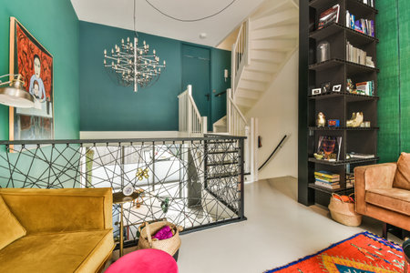 a living room with green walls and white flooring in the center of the room is a staircase leading...