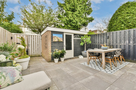 Amsterdam, Netherlands - 10 April, 2021: a backyard area with a table, chairs and a bench in the...
