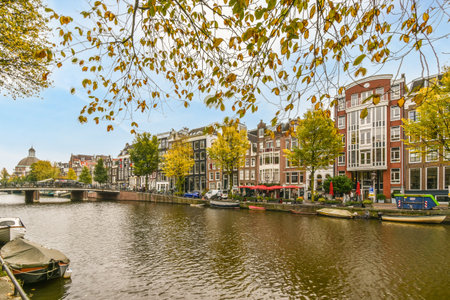 some buildings and boats on the water in front of a bridge that is surrounded by trees with leaves hanging over itのeditorial素材