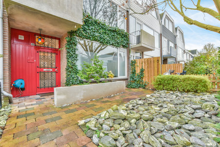 Amsterdam, Netherlands - 10 April, 2021: a red door on the side of a house with rocks and plants in...