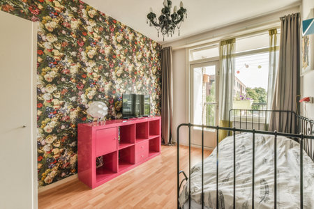 a bedroom with floral wallpaper on the walls, and a television set in the corner of the room to the rightのeditorial素材