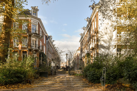 a street with buildings and trees on both sides, in the background is a blue sky filled with white...