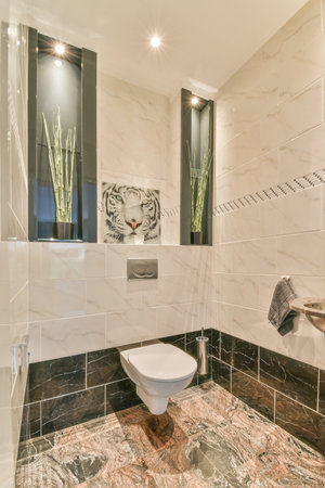 a tiger on the wall above a toilet in a white tiled bathroom with marble flooring and black framed mirrorsのeditorial素材