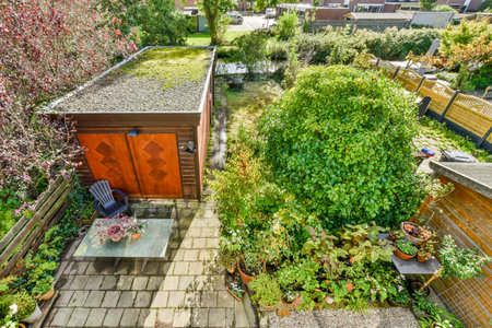 a small backyard with lots of plants and flowers on the ground, including an orange shed in the middle part of the yardのeditorial素材
