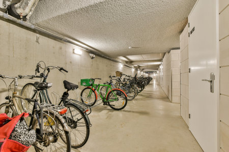 several bikes parked in a parking garage with no one on the bike and two other bicycles standing next to each otherのeditorial素材